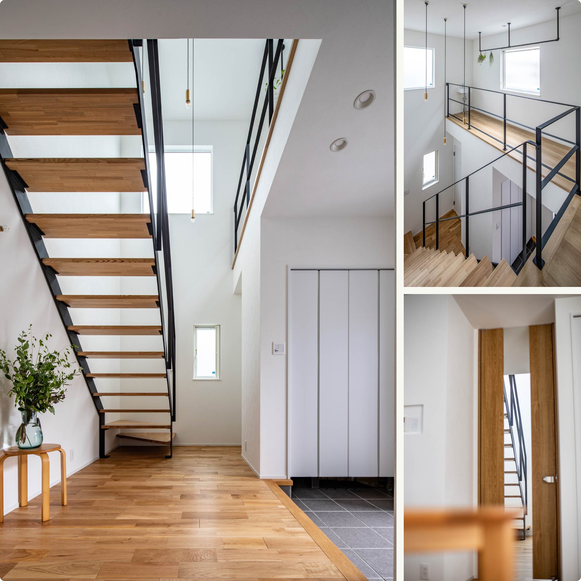 明るい陽光が入る玄関ホール。「家に帰ったとき、うれしくなります」とご夫婦は話す。リビング扉のガラス部分から見える階段の「チラッと見える感じが好き」と奥様。2階のホールには物干しコーナーもつくった。