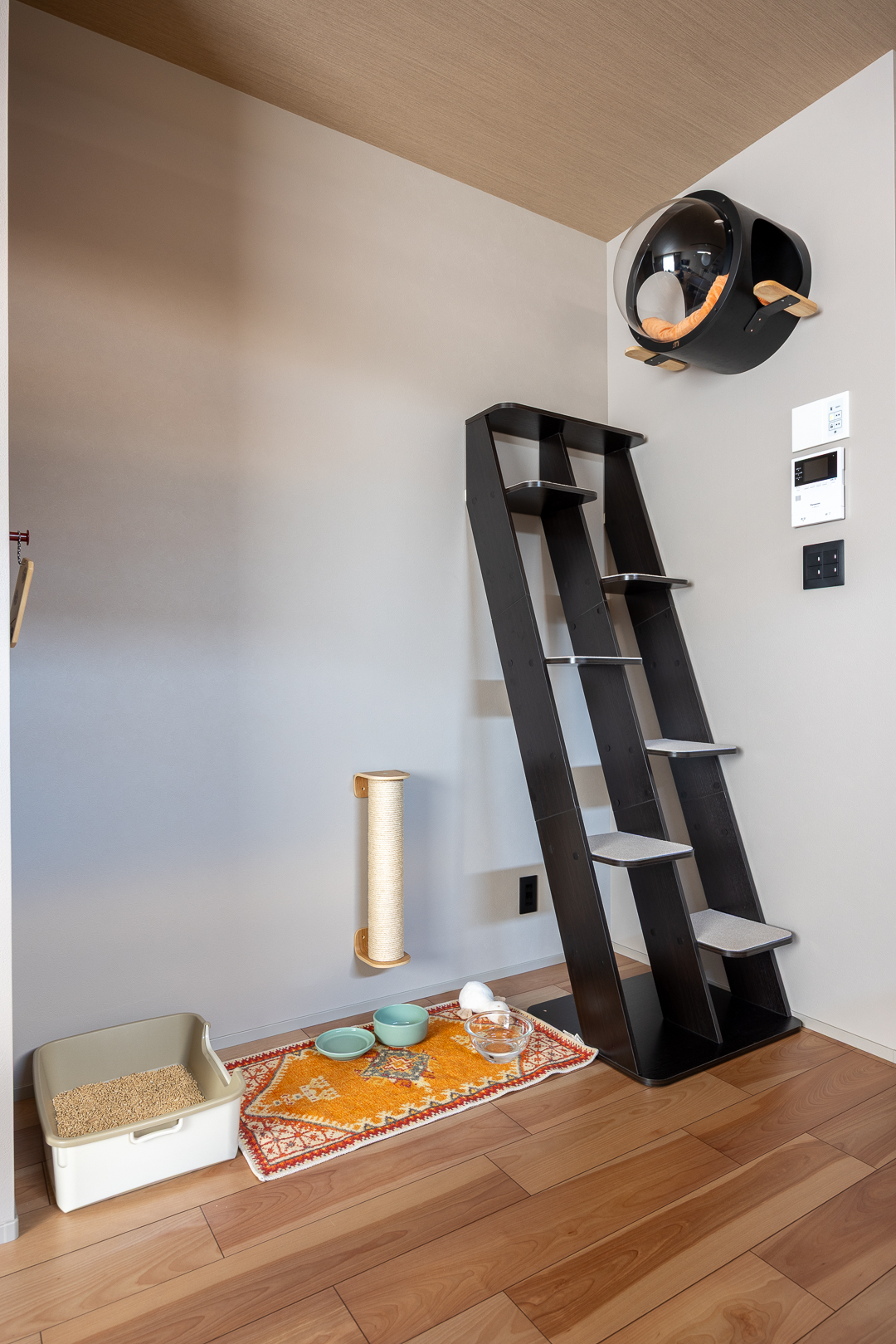 愛猫のための専用スペース。黒い斜めのキャットステップで上下運動ができ、壁には丸い猫用ベッドや爪とぎを設置。
