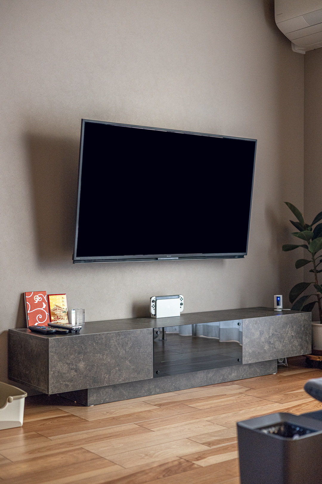 コンクリート調のローボードがモダンな印象を与えるテレビ周り。テレビは壁掛けで、すっきりとした空間に。観葉植物が柔らかなアクセントを添えている。